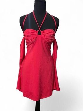 Sleeveless Red Halter Mini Dress with Detachable Draped Sleeves
